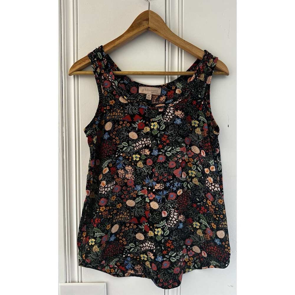 Floral Boho Tank Top XS Black Multicolor Botanical Cottagecore Sleeveless Blouse
